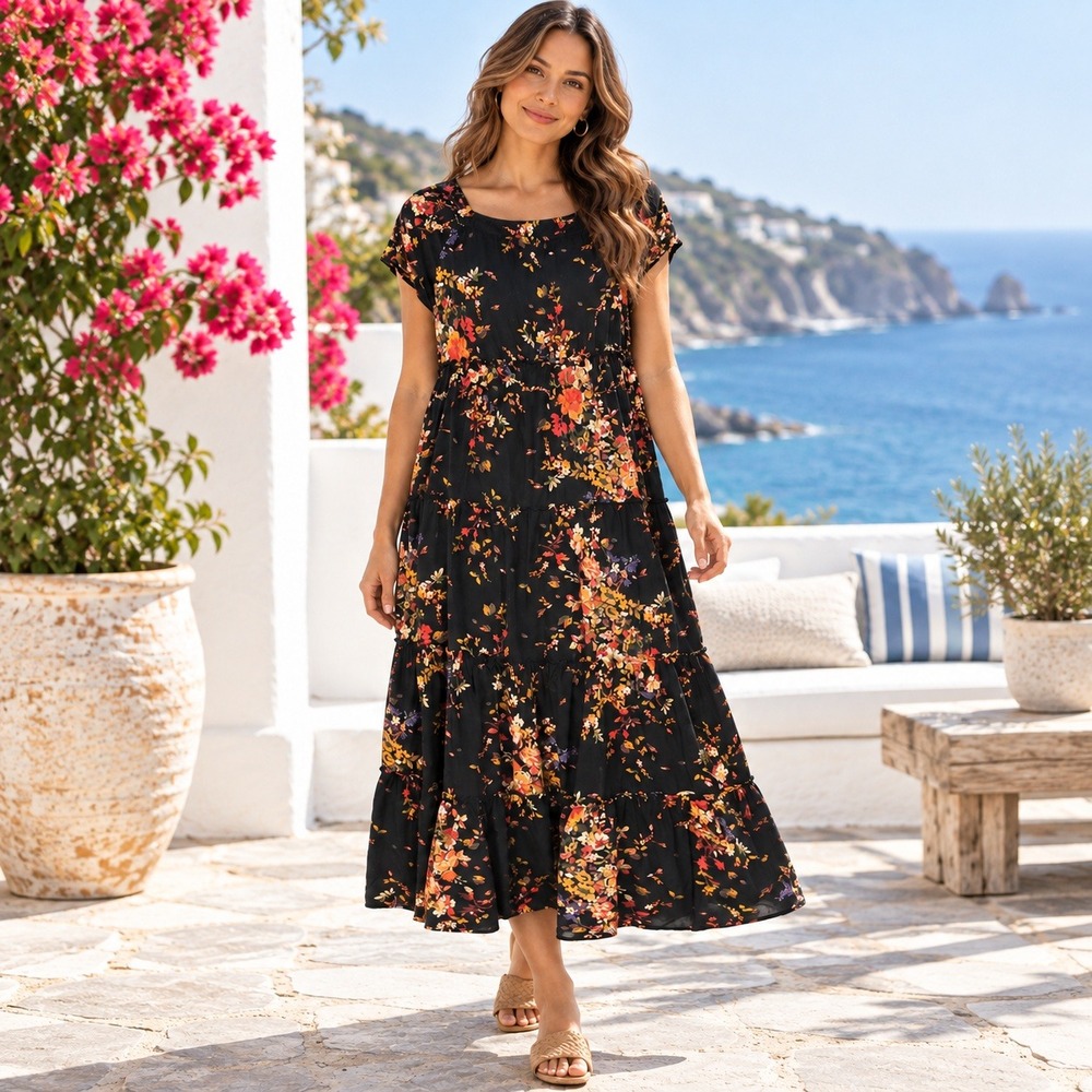 Natural Life Dress M Black Floral Tiered Maxi Boho Cottagecore Whimsy Romantic